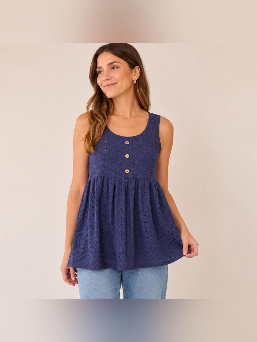 Shein Navy Blue Eyelet Lace Sleeveless Babydoll Peplum Scoop Neck Top Size M
